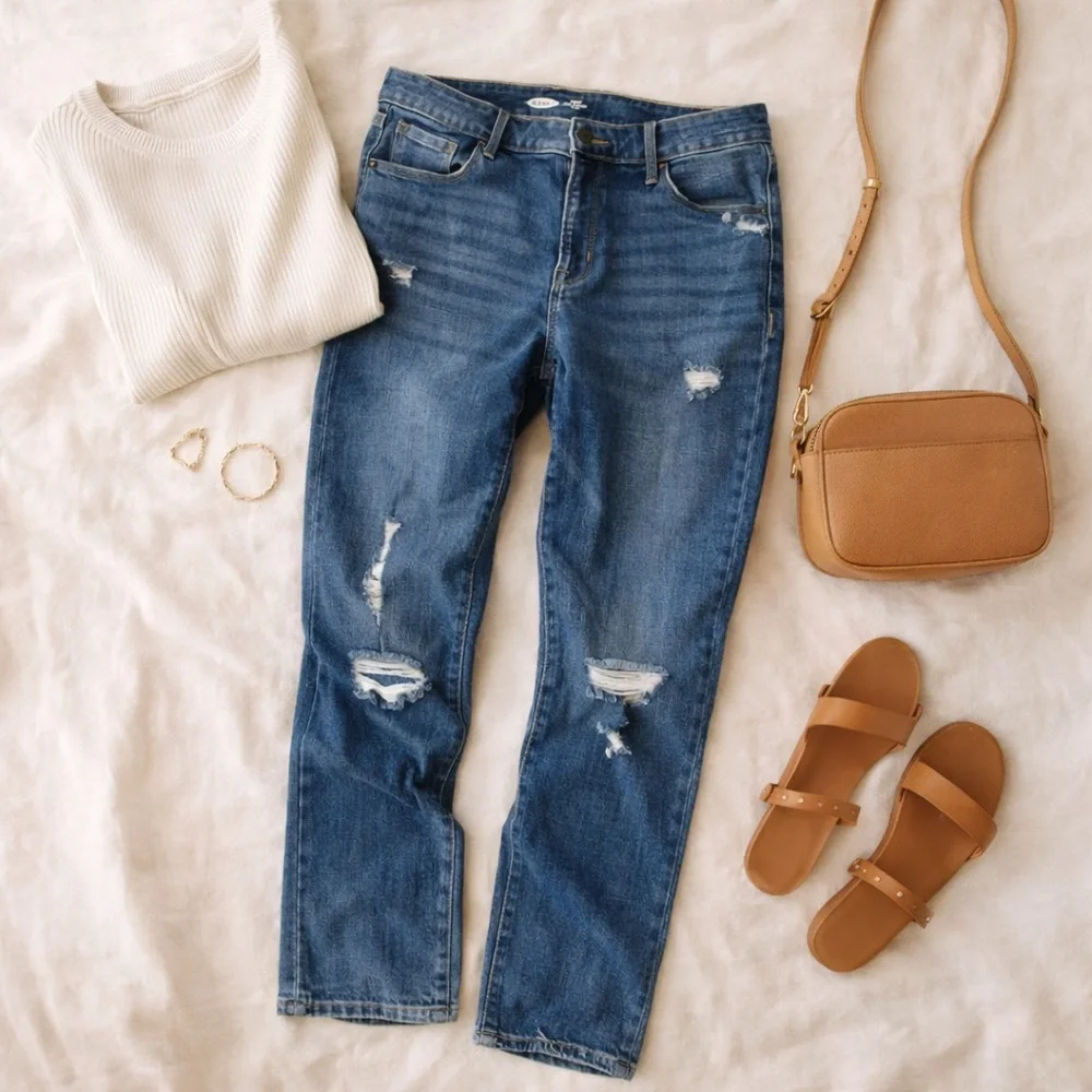 Old Navy Power Slim Straight Jeans – Women’s Size 12 – Mid-Rise Distressed Denim - Picture 1 of 11